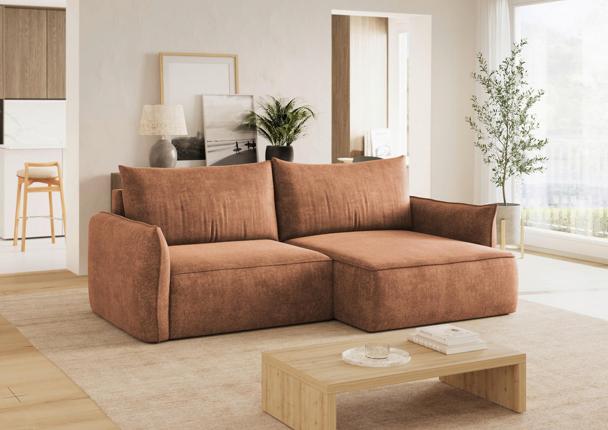 ECKSOFA Terracotta Struktur Rückenkissen, Bettkasten, Schlaffunktion, Rücken echt, Liegefläche im Originalstoff  - Terracotta/Schwarz, KONVENTIONELL, Kunststoff/Textil (266/148cm) - Milino