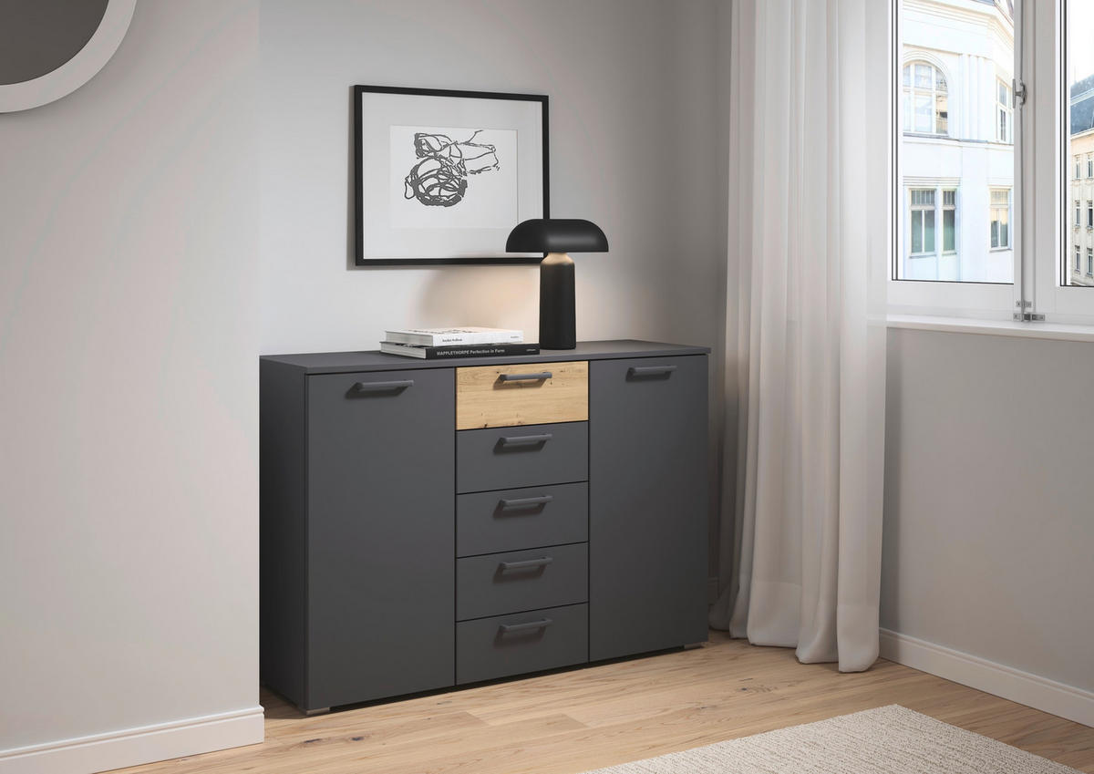 KOMMODE , 120/84/40 cm, 5 Schublade(n)  - Eiche Artisan/Grau, MODERN, Holzwerkstoff/Kunststoff (120/84/40cm) - Rauch Möbel