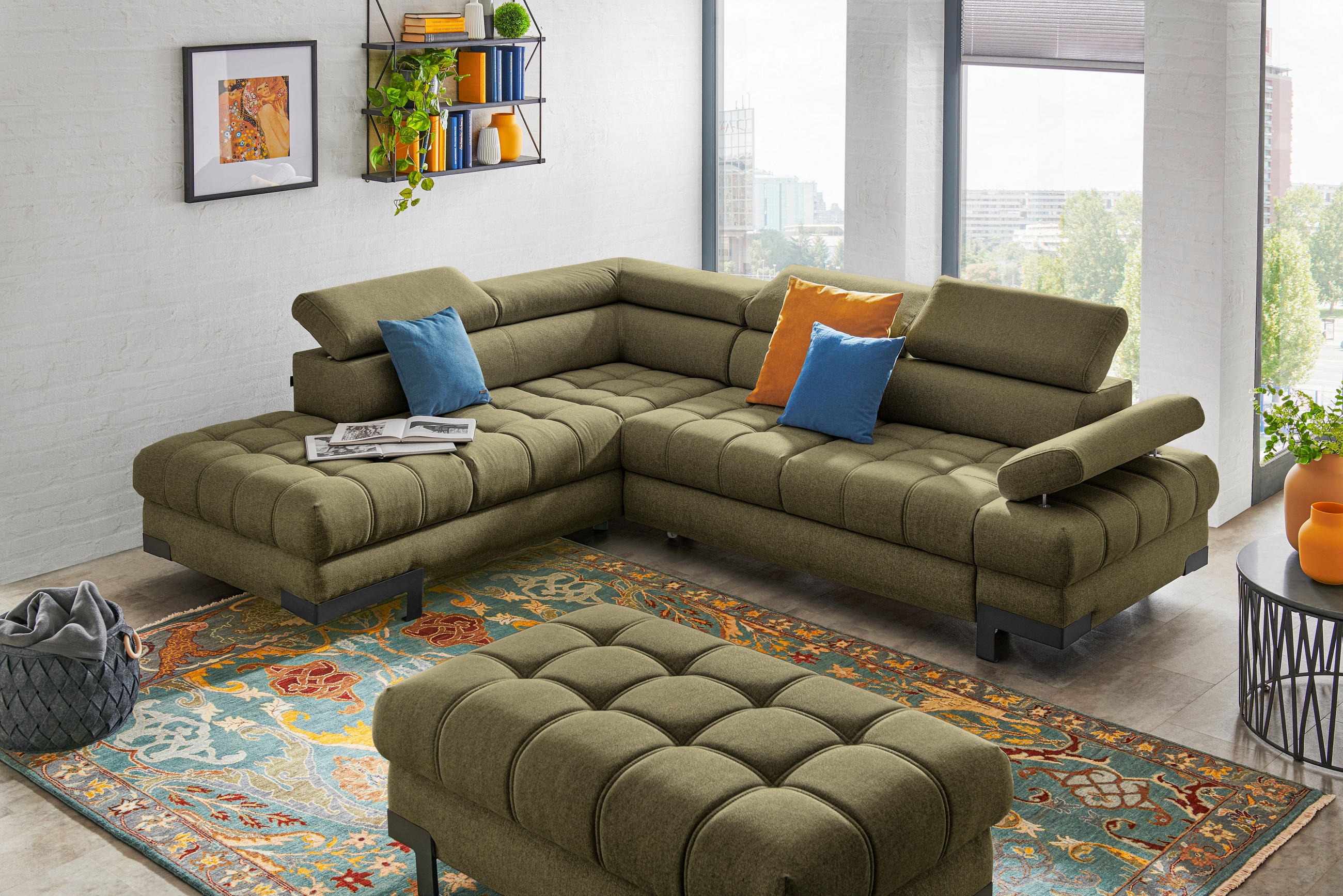 ECKSOFA Olivgrün Webstoff - Schwarz/Olivgrün, Design, Textil/Metall (223/263cm) - Welnova