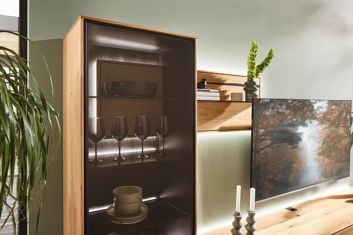 WOHNWAND  in Schwarz, Eichefarben  320/192/50 cm  - Eichefarben/Schwarz, Natur, Glas/Holz (320/192/50cm) - Waldwelt