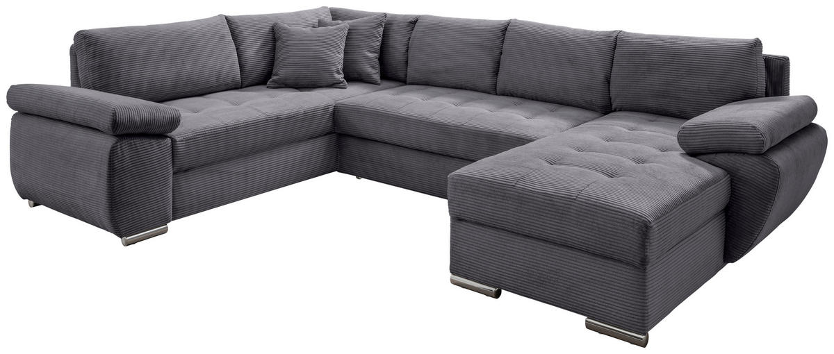 Wohnlandschaft in Cord Grau  - Chromfarben/Grau, KONVENTIONELL, Textil/Metall (219/305/157cm) - Livetastic