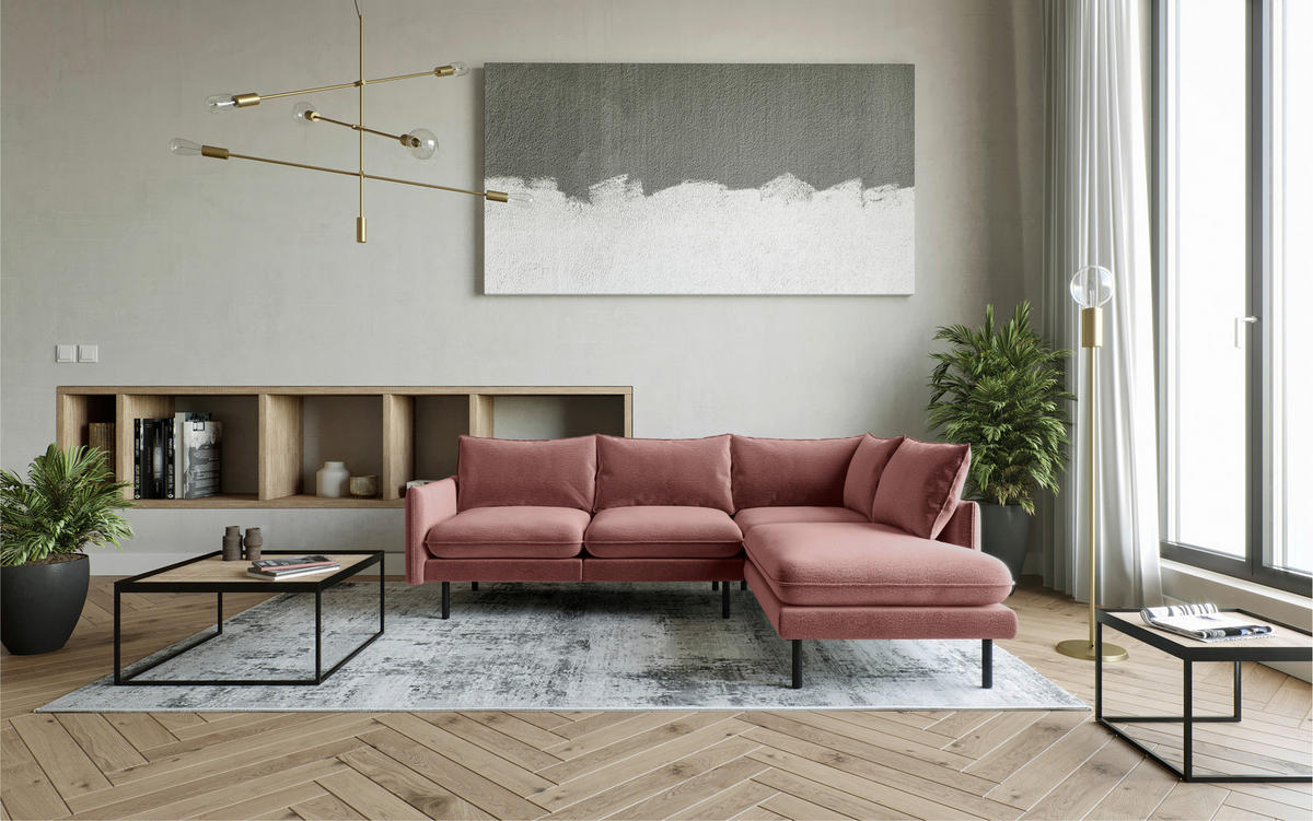 ECKSOFA in Flachgewebe Altrosa  - Altrosa/Schwarz, Design, Textil/Metall (267/204cm) - Livetastic
