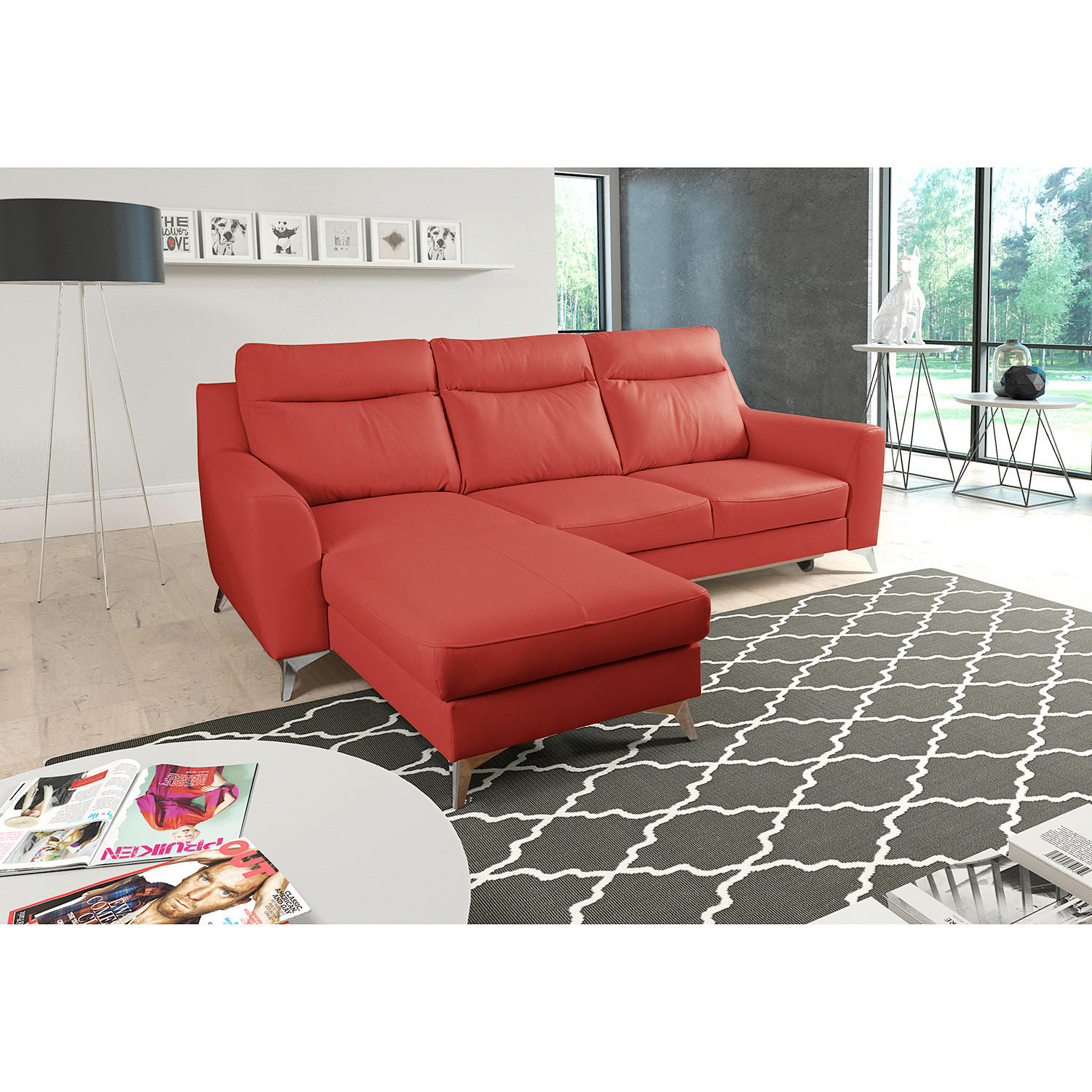 ECKSOFA Lederlook Echtleder Rot  - Chromfarben/Rot, Design, Leder/Textil (236/168cm) - Livetastic