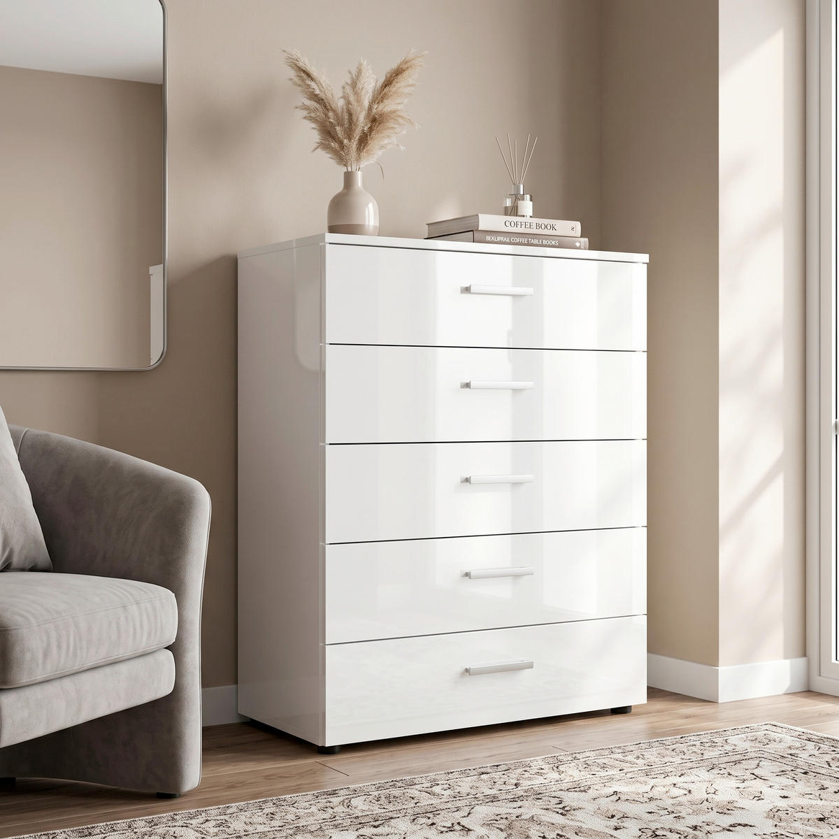 KOMMODE Marbella Typ 6, 65/91/32 cm, 5 Schublade(n)  - Weiß Hochglanz/Schwarz, MODERN, Holzwerkstoff/Kunststoff (65/91/32cm) - MID.YOU