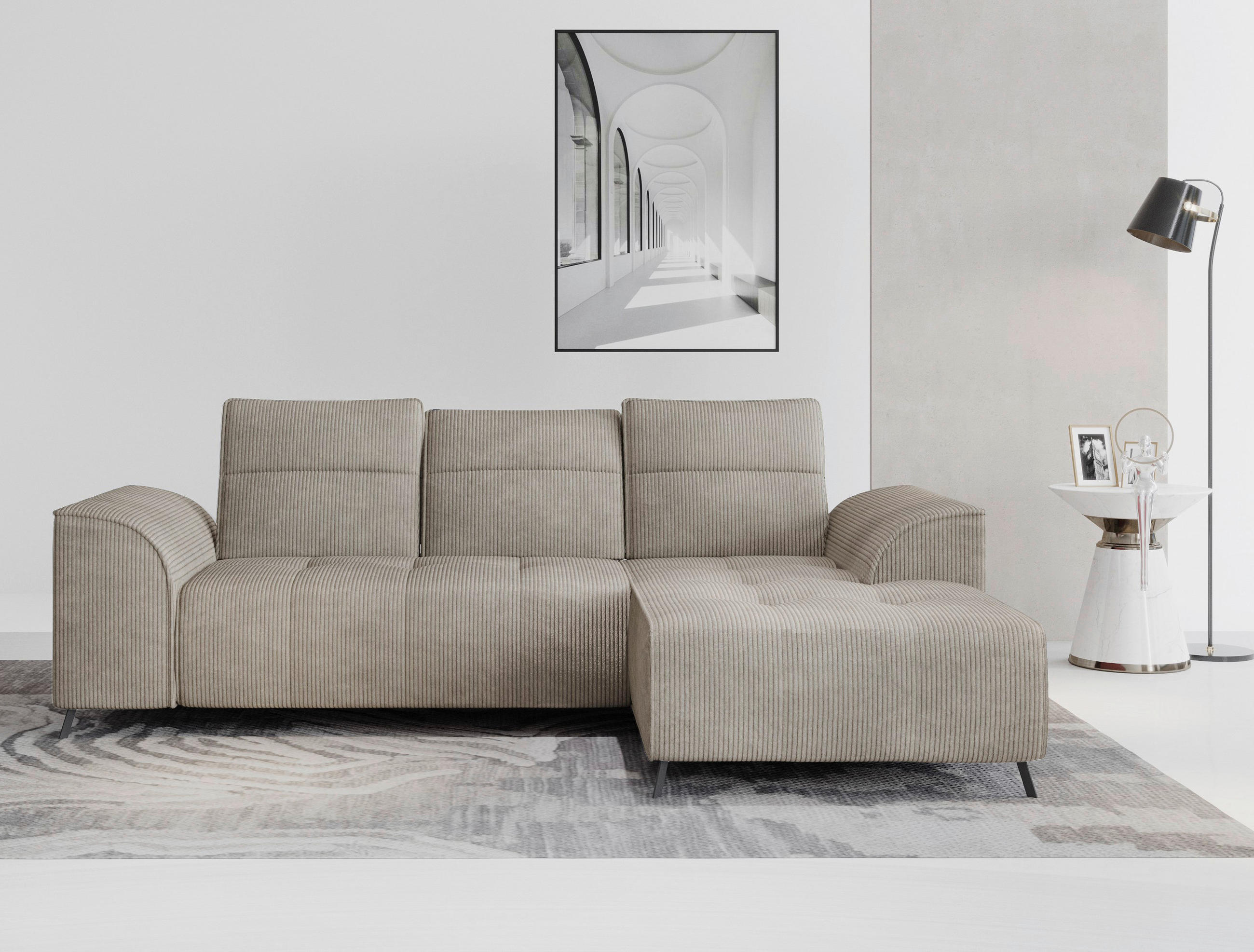 ECKSOFA Taupe Cord  - Taupe/Schwarz, KONVENTIONELL, Textil/Metall (290/196cm) - Carryhome