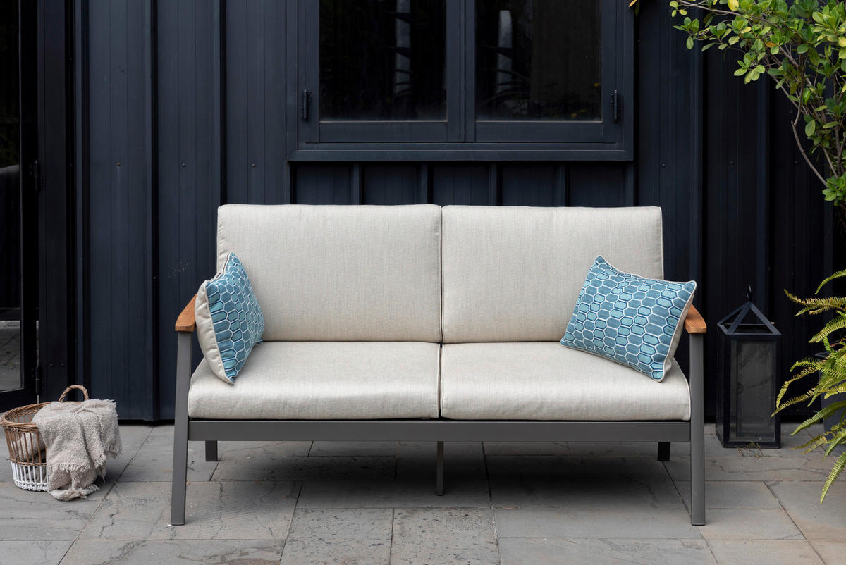 2,5-SITZER Flachgewebe Hellgrau, Dunkelgrau, Teakfarben  - Blau/Dunkelgrau, Design, Holz/Textil (161/75,5/82cm) - Modante