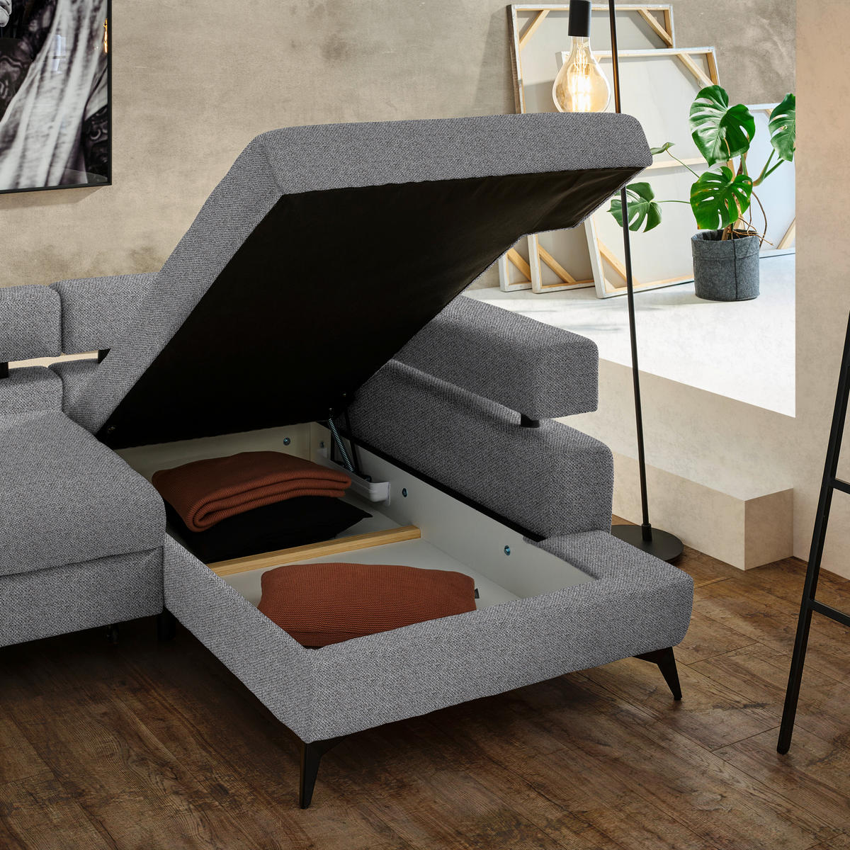 ECKSOFA in Chenille Dunkelgrau  - Dunkelgrau/Schwarz, Konventionell, Textil/Metall (265/184cm) - Hom`in