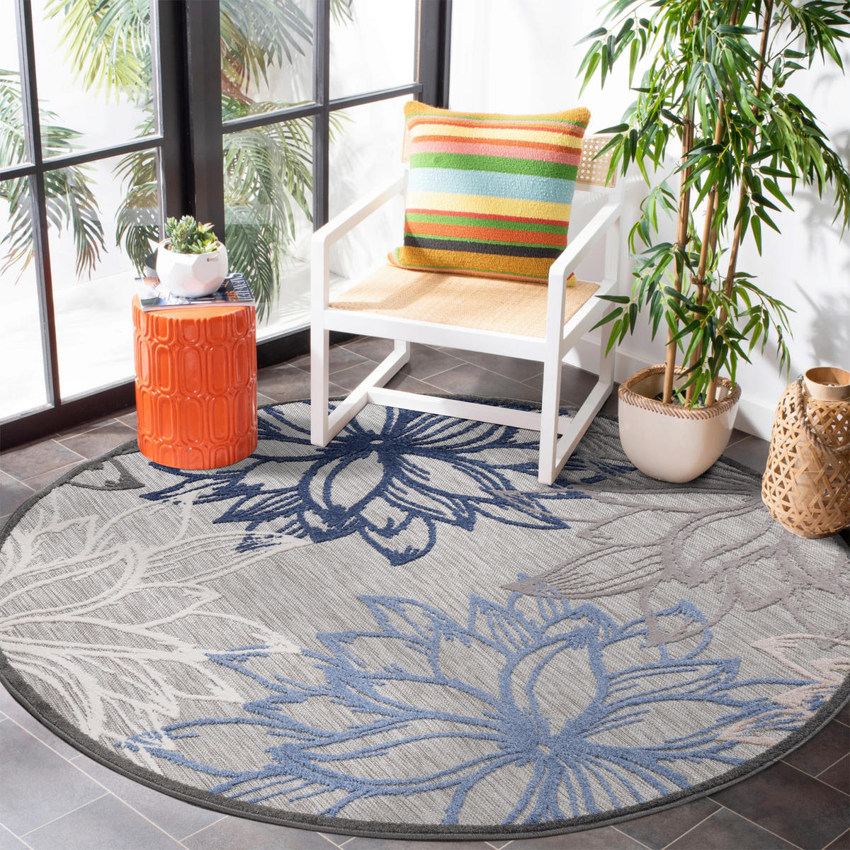 TEPIH ZA UNUTAR./VANJ. UPORAB  120 cm  plava, siva, bijela  Floral  - bijela/siva, Lifestyle, tekstil/plastika (120cm)