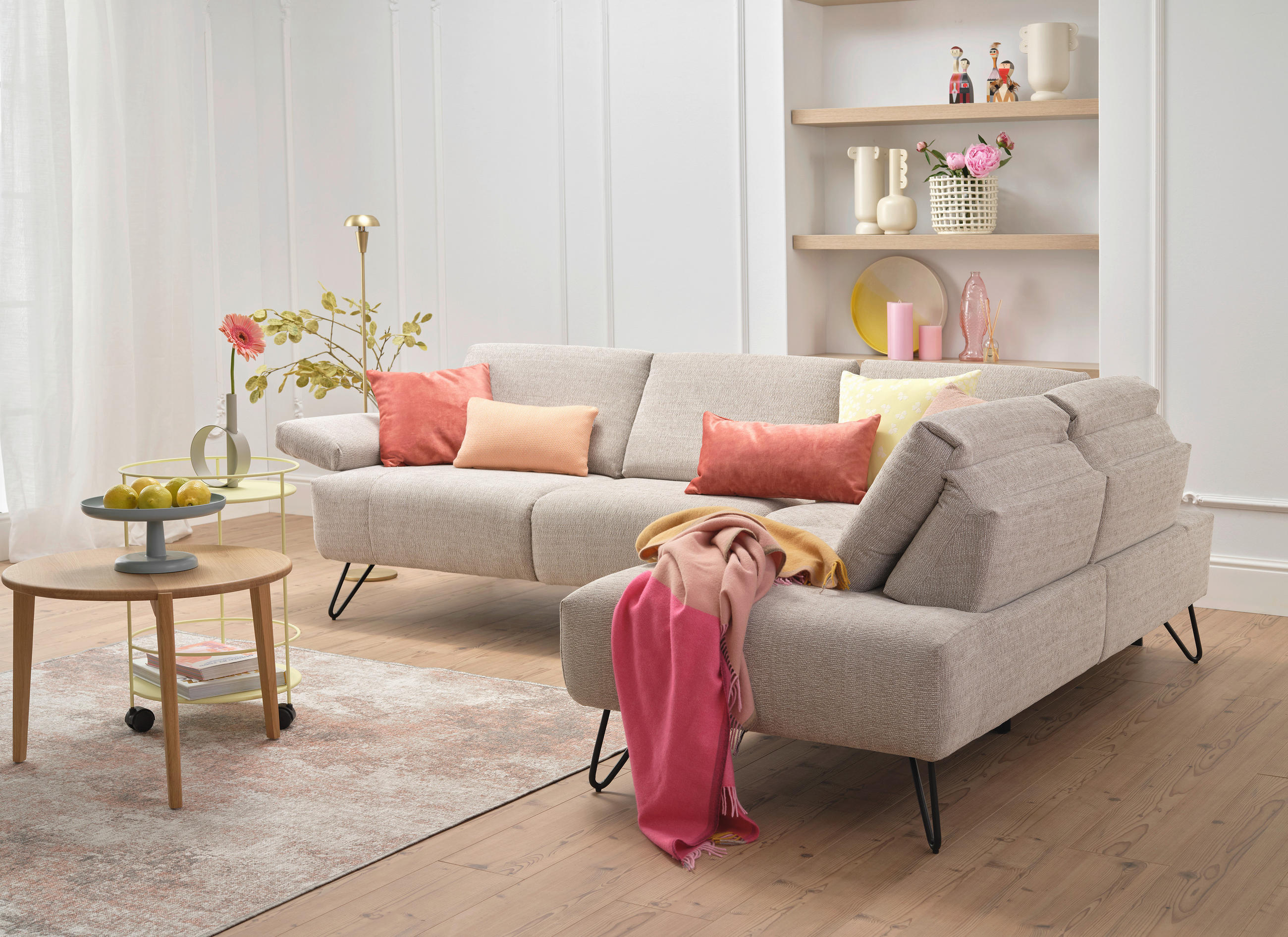 Thumbnail - Sensoo Ecksofa Cosy, Sand, Textil, 5-Sitzer, Ottomane rechts, L-Form, 248-263x193 cm, Stoffauswahl, Armteil links, recht...