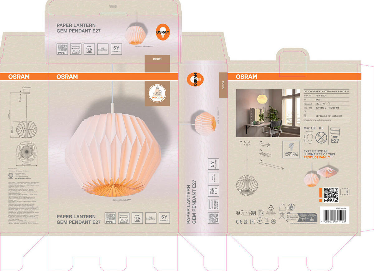 HÄNGELEUCHTE 35/138 cm  - Weiß, Basics, Papier/Metall (35/138cm) - Osram