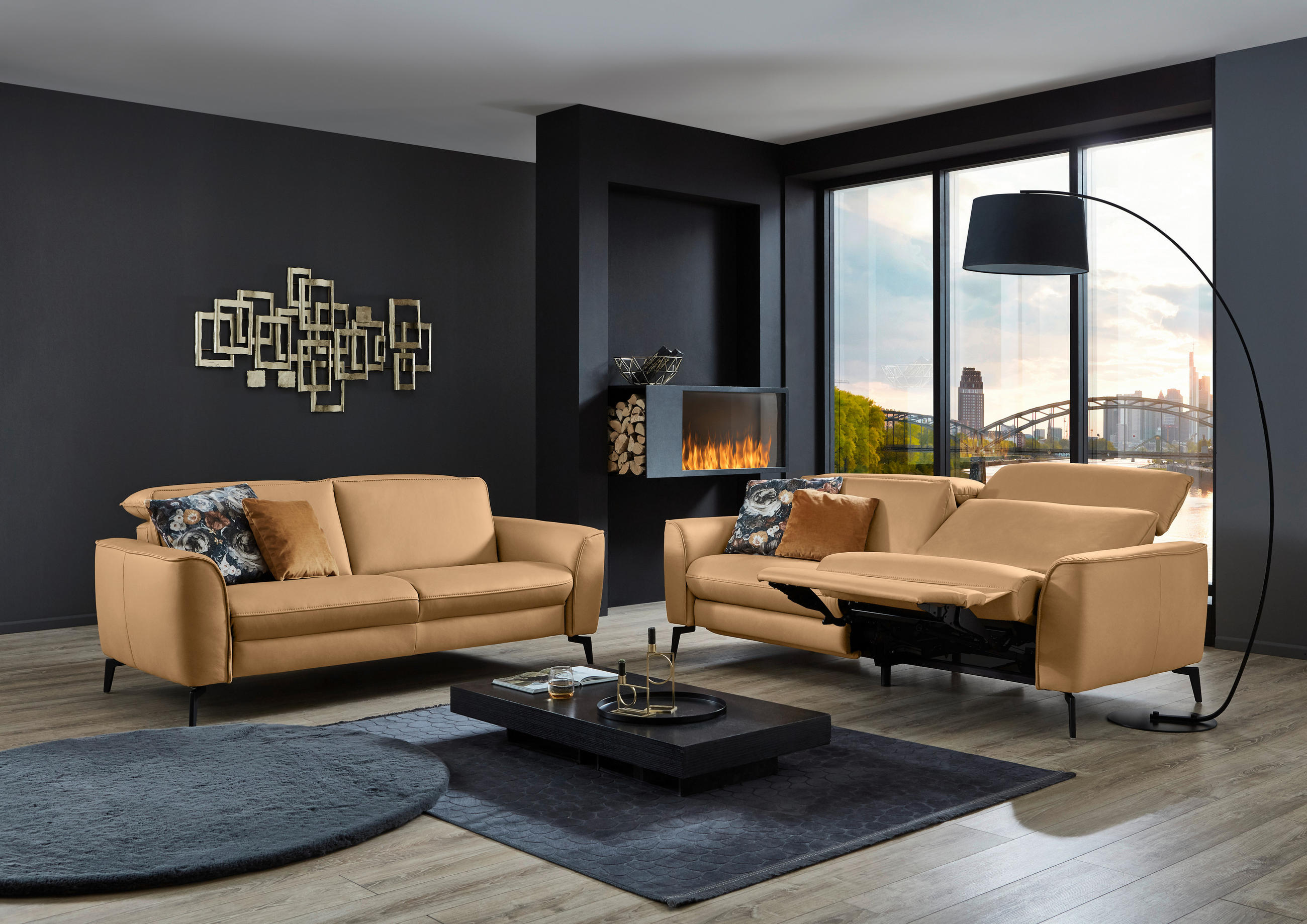 3-SITZER-SOFA in Echtleder Honig  - Schwarz/Honig, Natur, Leder/Metall (222/81/110cm) - Valdera