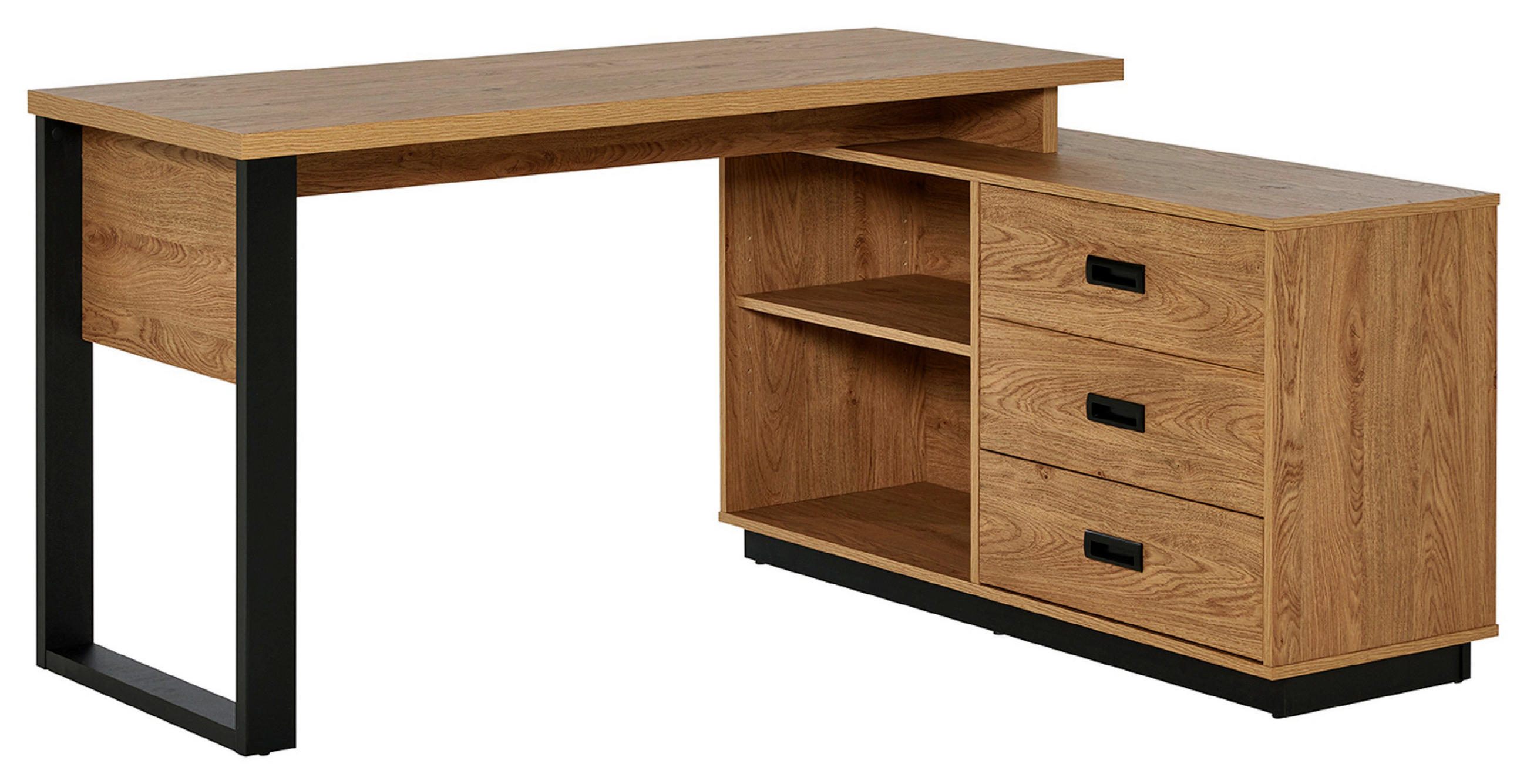 ECKSCHREIBTISCH 150/116/76 cm  in Schwarz, Eichefarben  - Eichefarben/Schwarz, MODERN, Holzwerkstoff/Metall (150/116/76cm) - Livetastic