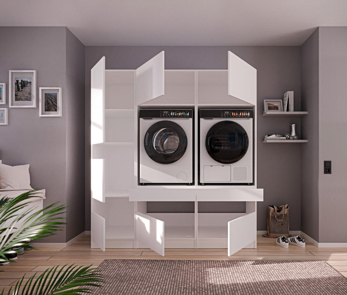 WASCHMASCHINENSCHRANK 68/200/68 cm  in Weiß  - Schwarz/Weiß, Design, Holzwerkstoff/Metall (68/200/68cm) - Milino
