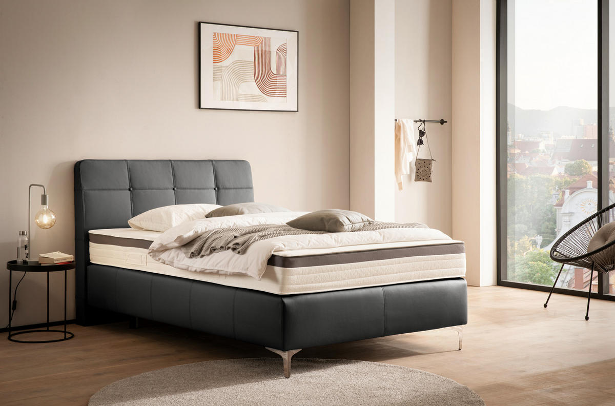 BOXSPRINGBETT 140/200 cm  in Schwarz  - Chromfarben/Schwarz, Basics, Leder/Holz (140/200cm) - Novel