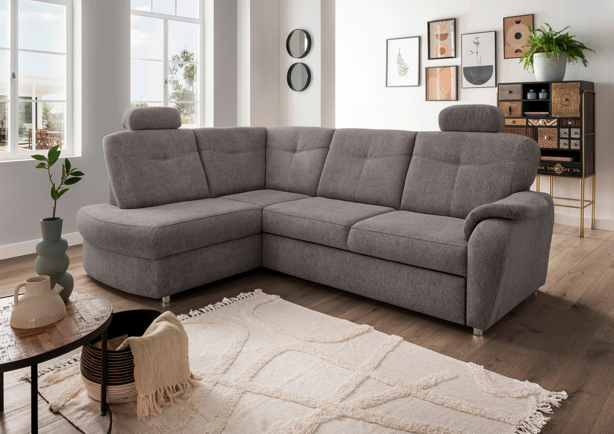 ECKSCHLAFSOFA  mit Liegefunktion, seitenverkehrt erhältlich, Schlafen auf Sitzhöhe, Rücken echt, Armteil rechts Chenille Graubraun  - Chromfarben/Graubraun, MODERN, Kunststoff/Textil (180/264cm) - Livetastic