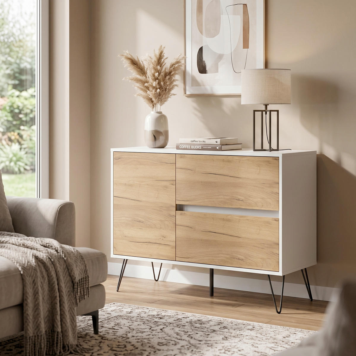 SIDEBOARD Posseik Industrial 99/75,8/42 cm 2 Schublade(n)  - Eichefarben/Weiß Hochglanz, Design, Holzwerkstoff/Metall (99/75,8/42cm) - MID.YOU