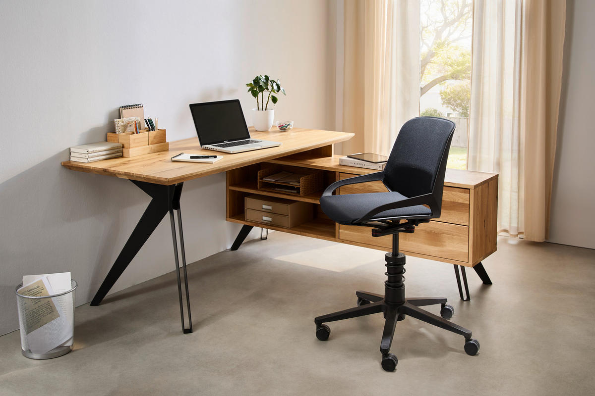 ECKSCHREIBTISCH 160/160/75 cm  in Eichefarben  - Eichefarben/Schwarz, Natur, Holz/Metall (160/160/75cm) - Linea Natura