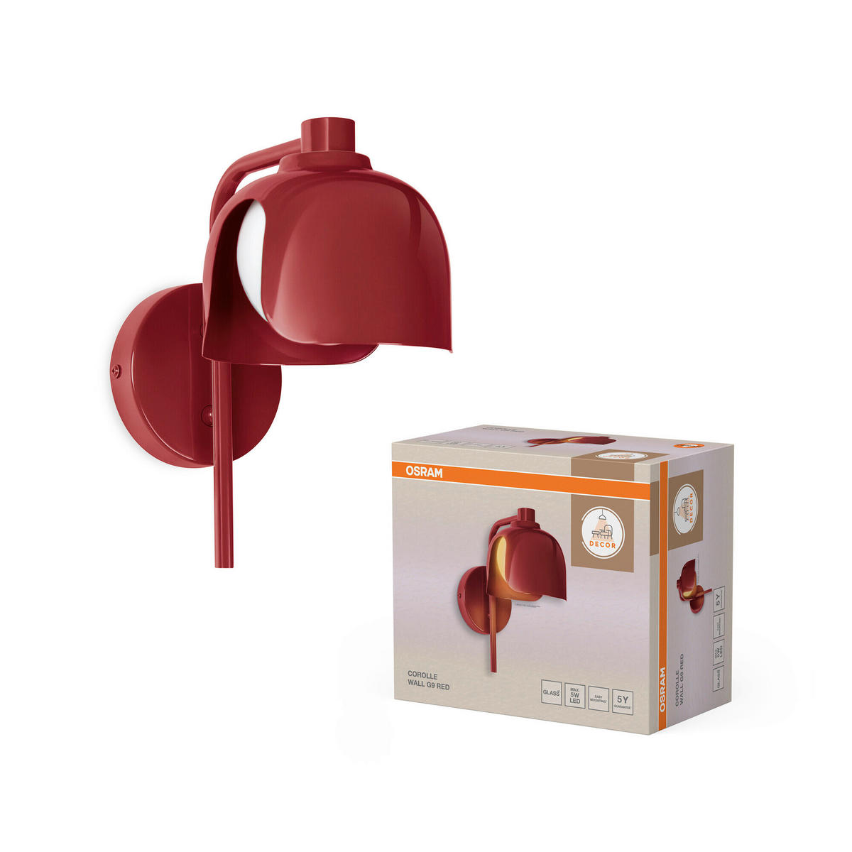 WANDLEUCHTE 13,5/21/24,5 cm   - Rot, Basics, Glas/Metall (13,5/21/24,5cm) - Osram