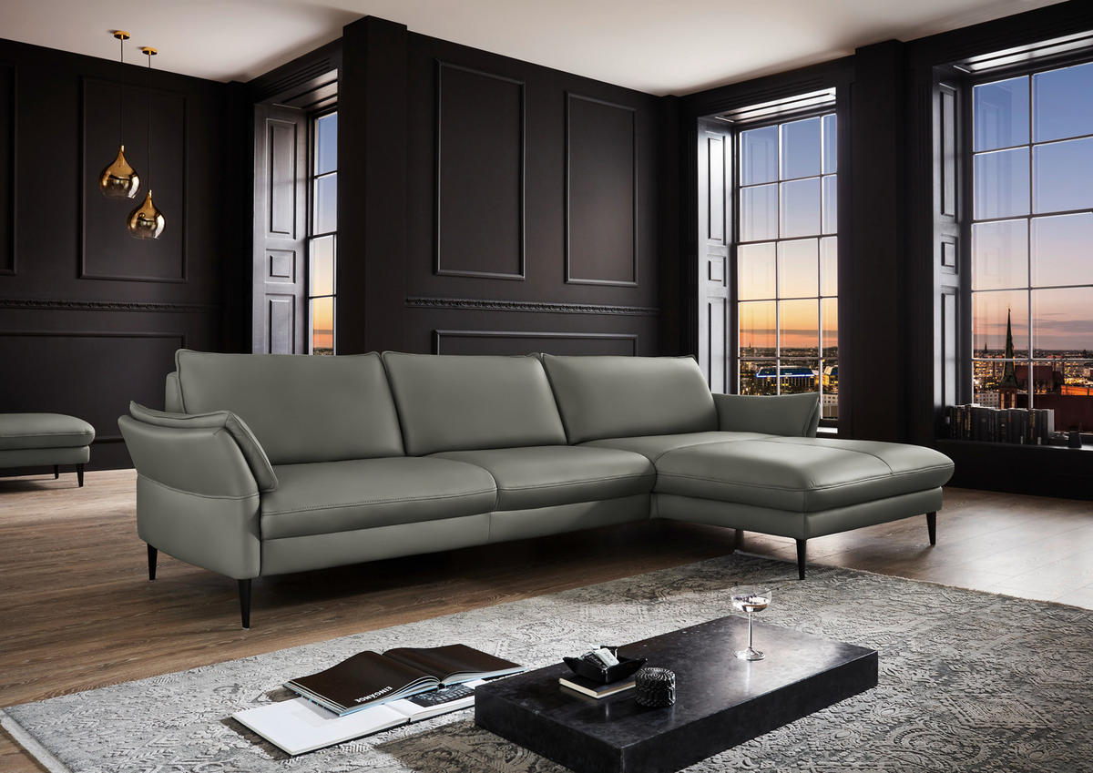 ECKSOFA in Echtleder Grau  - Schwarz/Grau, Design, Leder/Metall (334/172cm) - Hukla