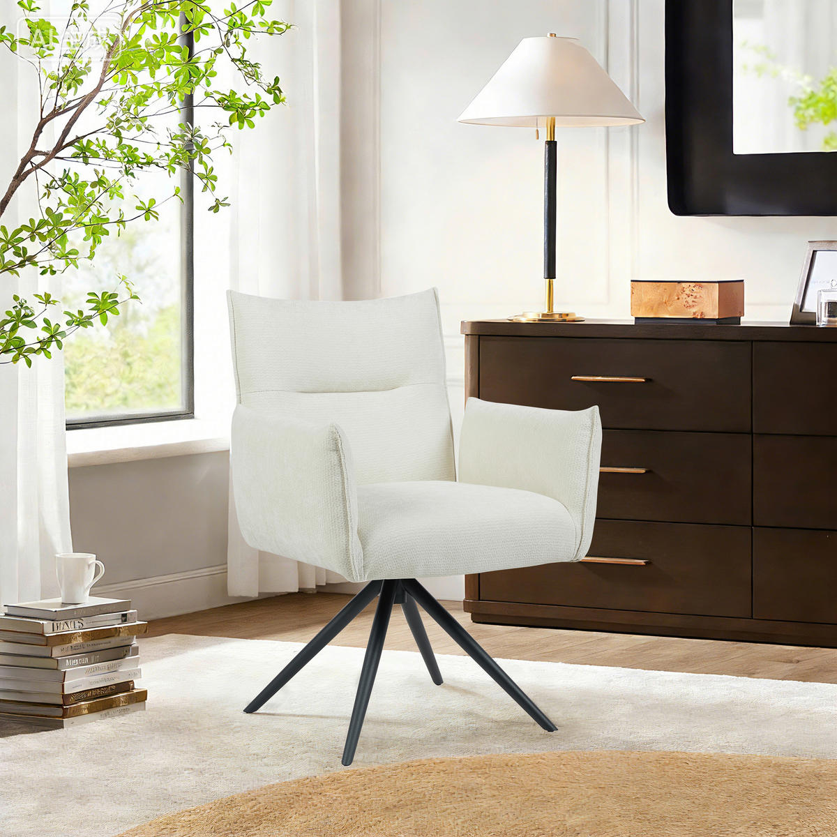 ARMLEHNSTUHL  Sitzfläche 360° drehbar, automatische Rückholfunktion Leinenoptik  - Beige/Schwarz, Design, Textil/Metall (67/86/62cm) - Stylife