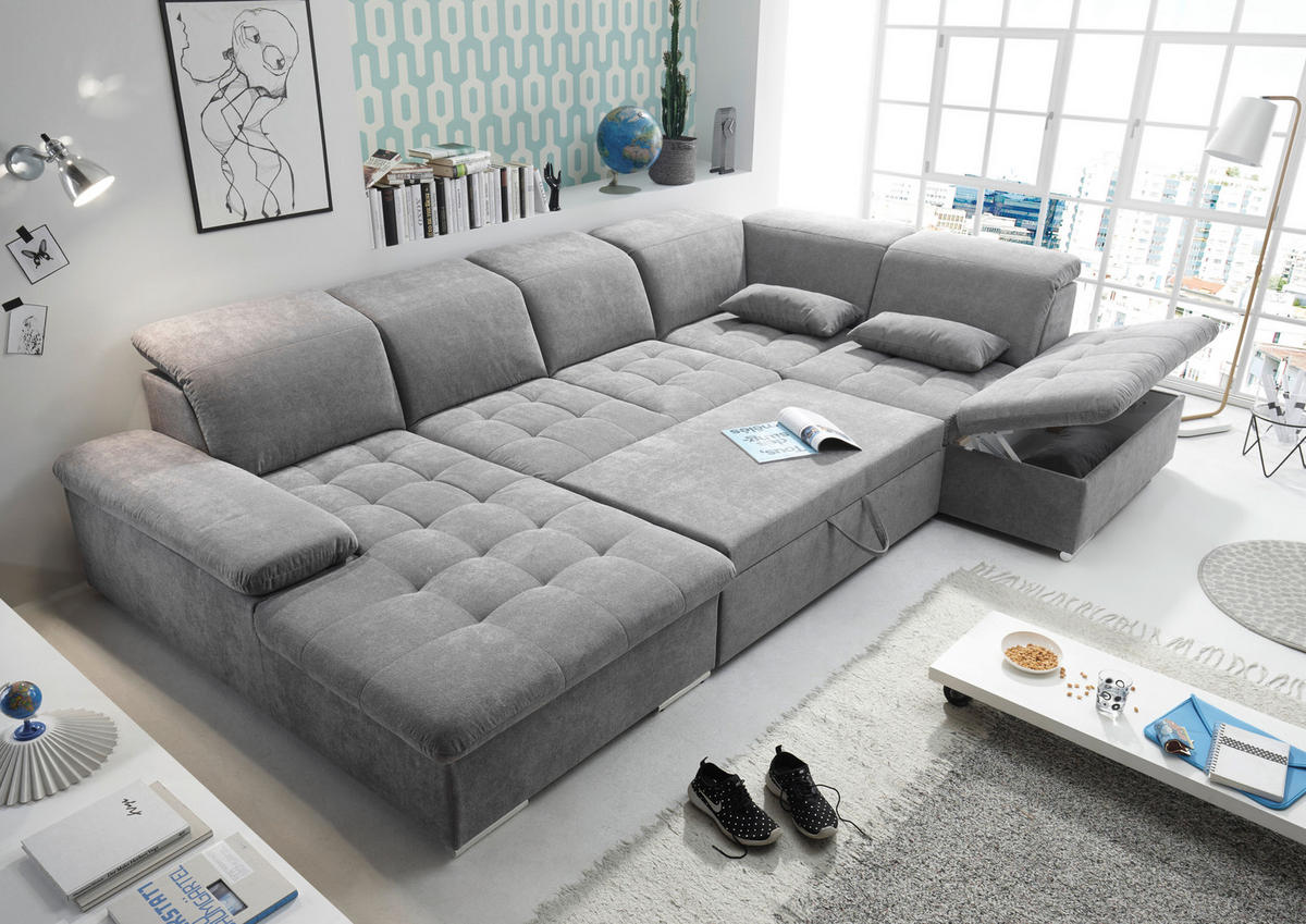 WOHNLANDSCHAFT Grau Mikrovelours  - Dunkelgrau/Silberfarben, KONVENTIONELL, Kunststoff/Textil (188/340/240cm) - MID.YOU