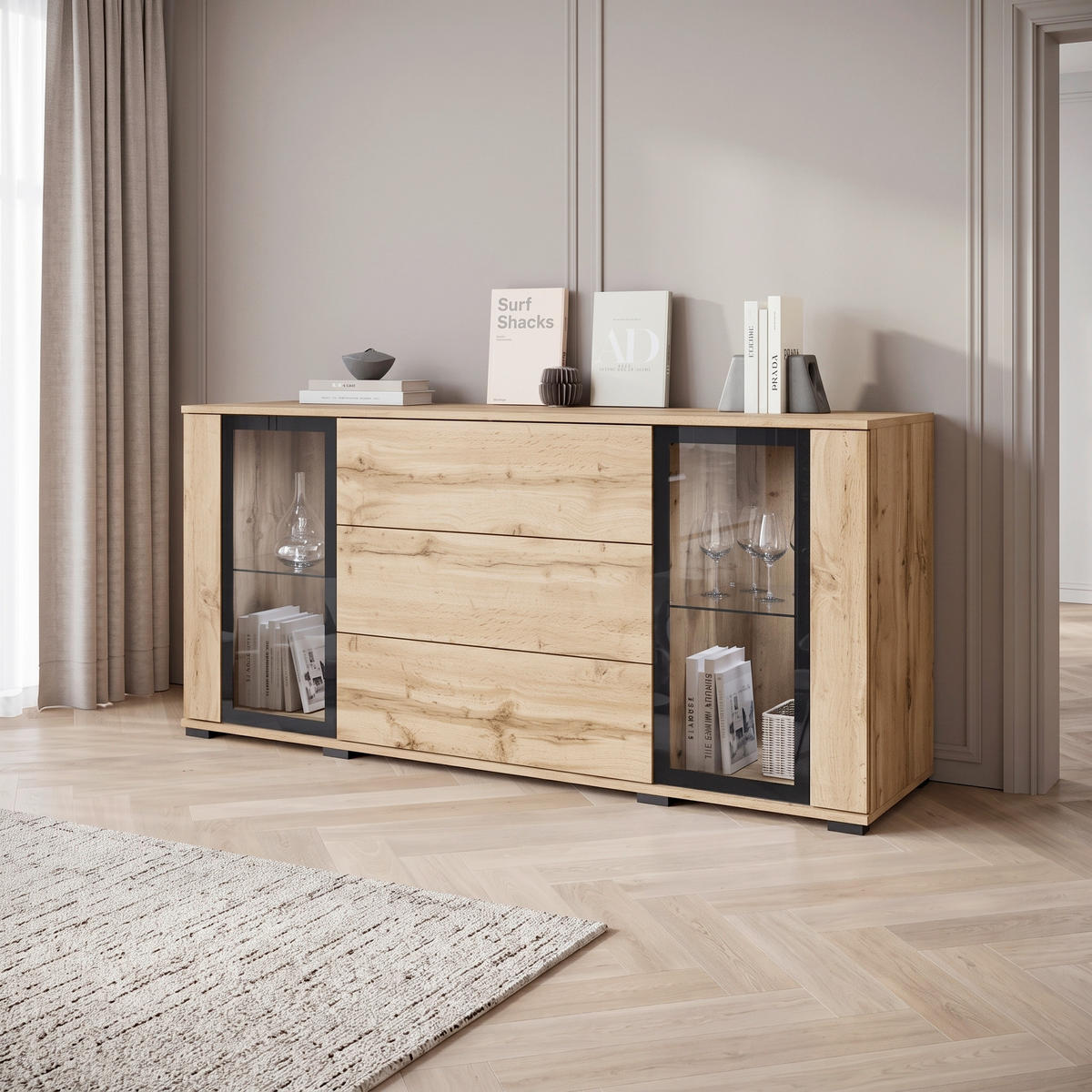 SIDEBOARD Caro 150/69,7/39,5 cm 3 Schublade(n)  - Eiche Wotan/Schwarz, Design, Glas/Holzwerkstoff (150/69,7/39,5cm) - P & B