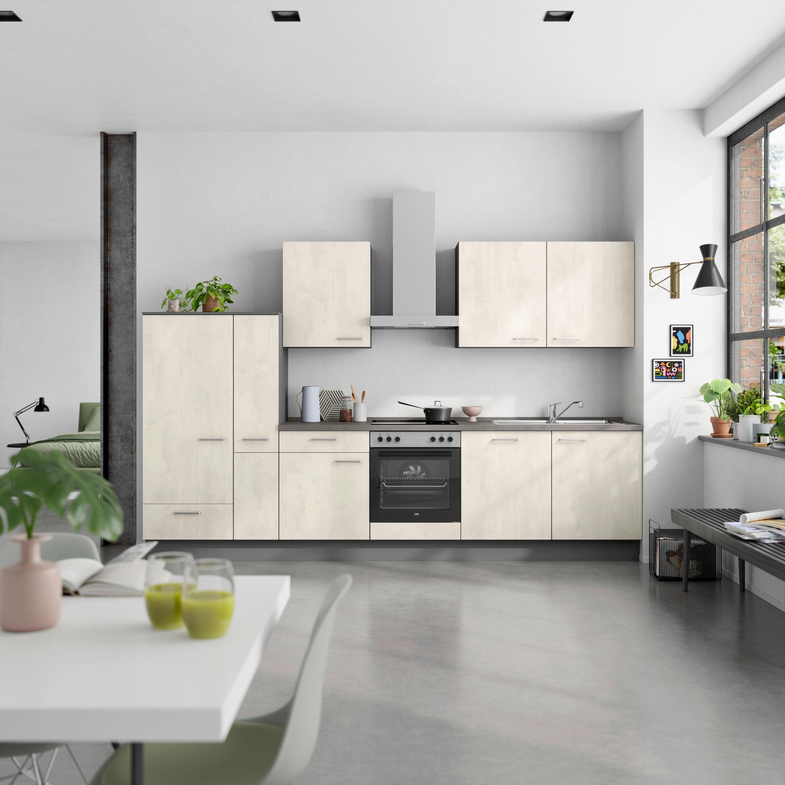 KÜCHENBLOCK Riva 330 cm  in Weiß, Schieferfarben  - Schieferfarben/Edelstahlfarben, MODERN, Holzwerkstoff/Metall (330cm) - Nobilia