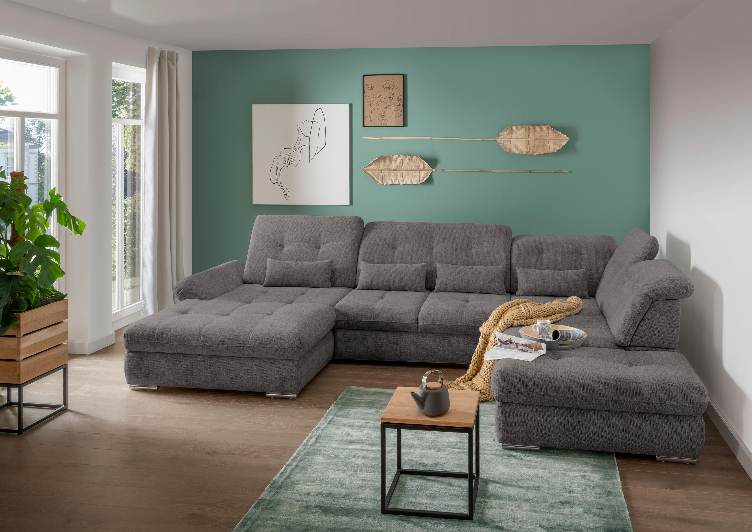 WOHNLANDSCHAFT Braun, Grau Chenille - Chromfarben/Braun, Design, Textil/Metall (195/376/254cm) - Livetastic