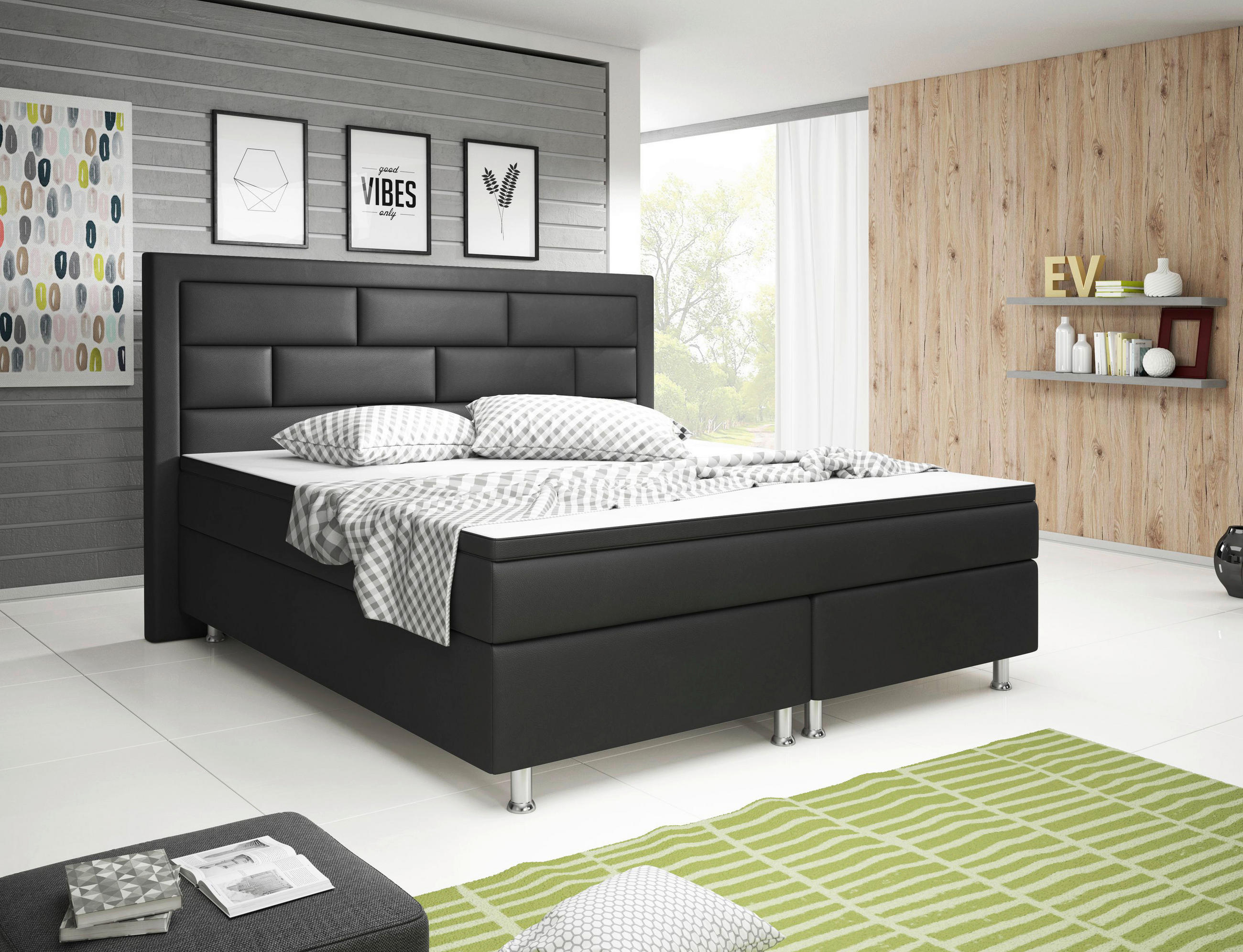 BOXSPRINGBETT 180/200 cm  in Schwarz  - Silberfarben/Schwarz, KONVENTIONELL, Leder/Textil (180/200cm) - MID.YOU