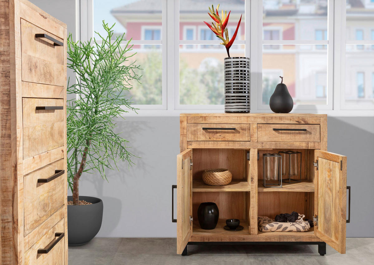 KOMMODE , 90/85/40 cm, 2 Schublade(n)  - Schwarz/Naturfarben, Design, Holz/Metall (90/85/40cm) - Landscape