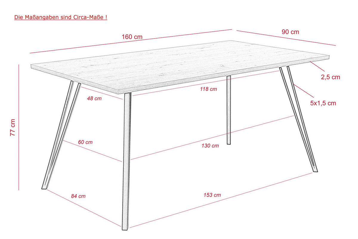 ESSTISCH in Holzwerkstoff 160/90/77 cm  - Eichefarben/Schwarz, KONVENTIONELL, Holzwerkstoff/Metall (160/90/77cm) - Carryhome