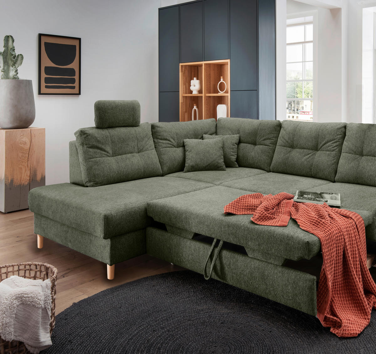 ECKSOFA in Chenille Dunkelgrün  - Dunkelgrün/Naturfarben, Modern, Holz/Textil (206/264cm) - Livetastic