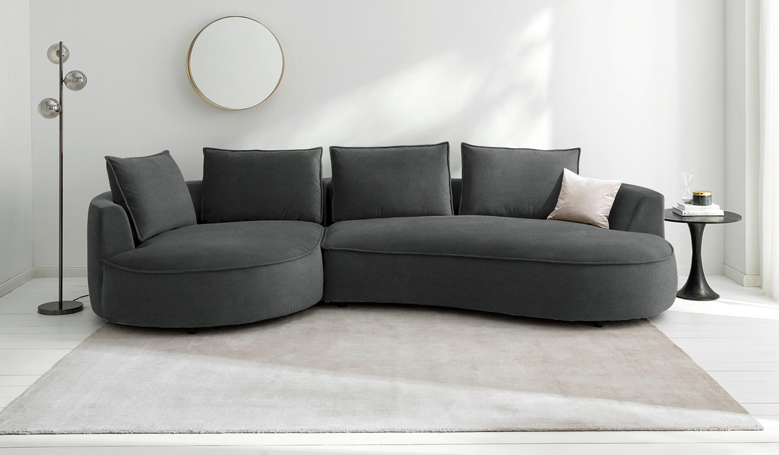 BIGSOFA Samt Dunkelgrau  - Dunkelgrau/Schwarz, Design, Kunststoff/Textil (154/82/322cm) - home24