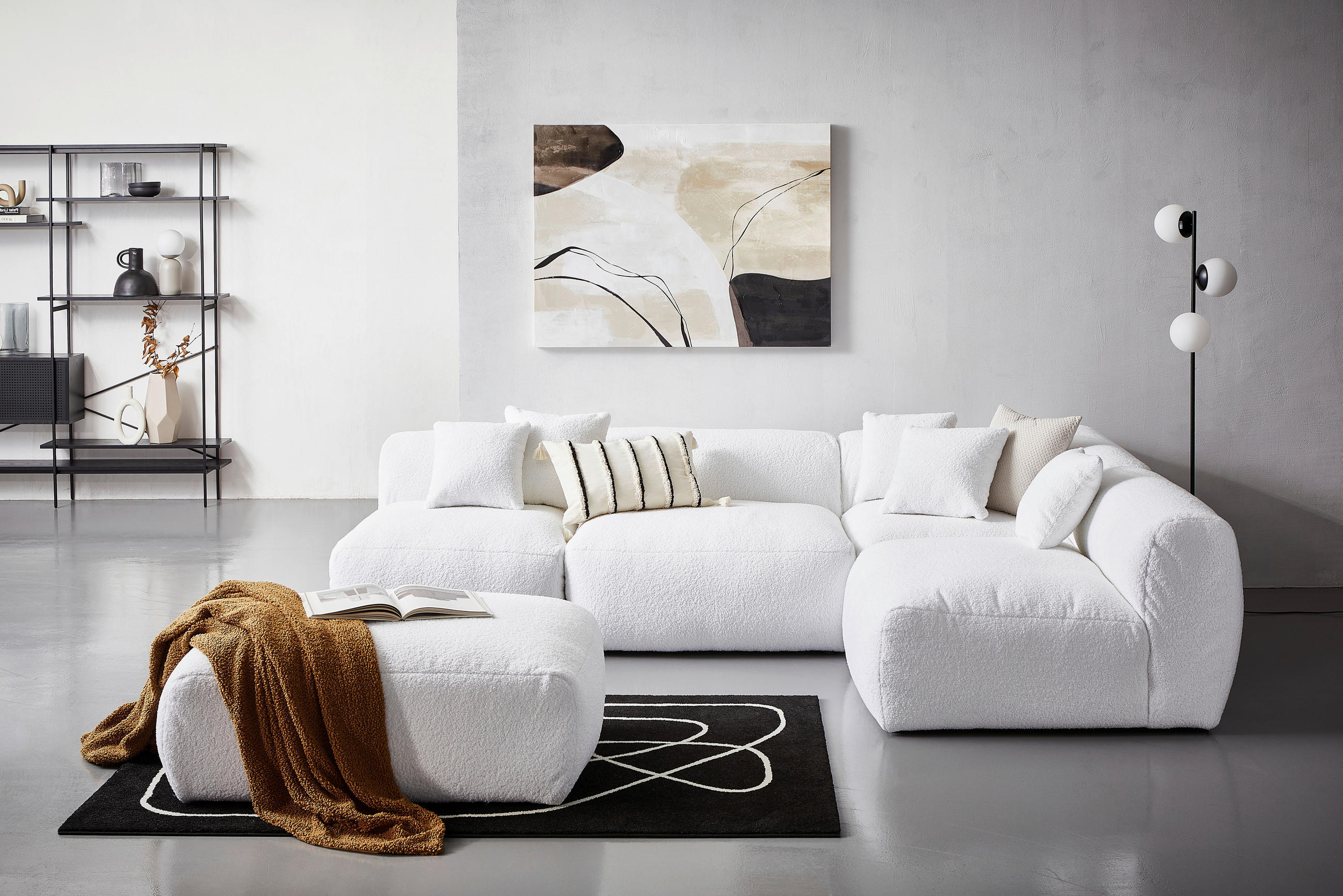 ECKSOFA inkl. Hocker in Flachgewebe, Teddystoff Weiss - Weiss, Trend, Textil (300/215cm) - Livetastic
