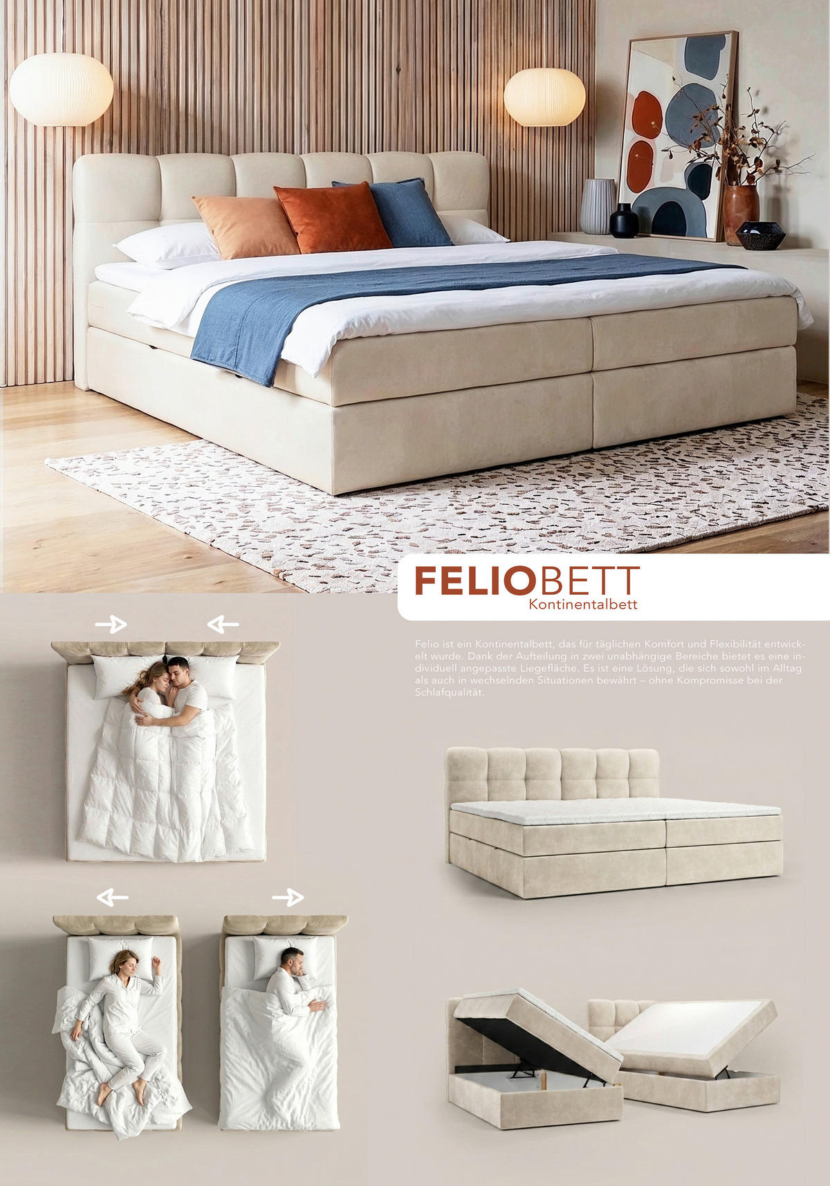 BOXBETT 240/200 cm,  in Creme, Matratze, Bettkasten, Topper, H3 = fest  - Creme/Schwarz, KONVENTIONELL, Kunststoff/Textil (240/200cm) - Chameo