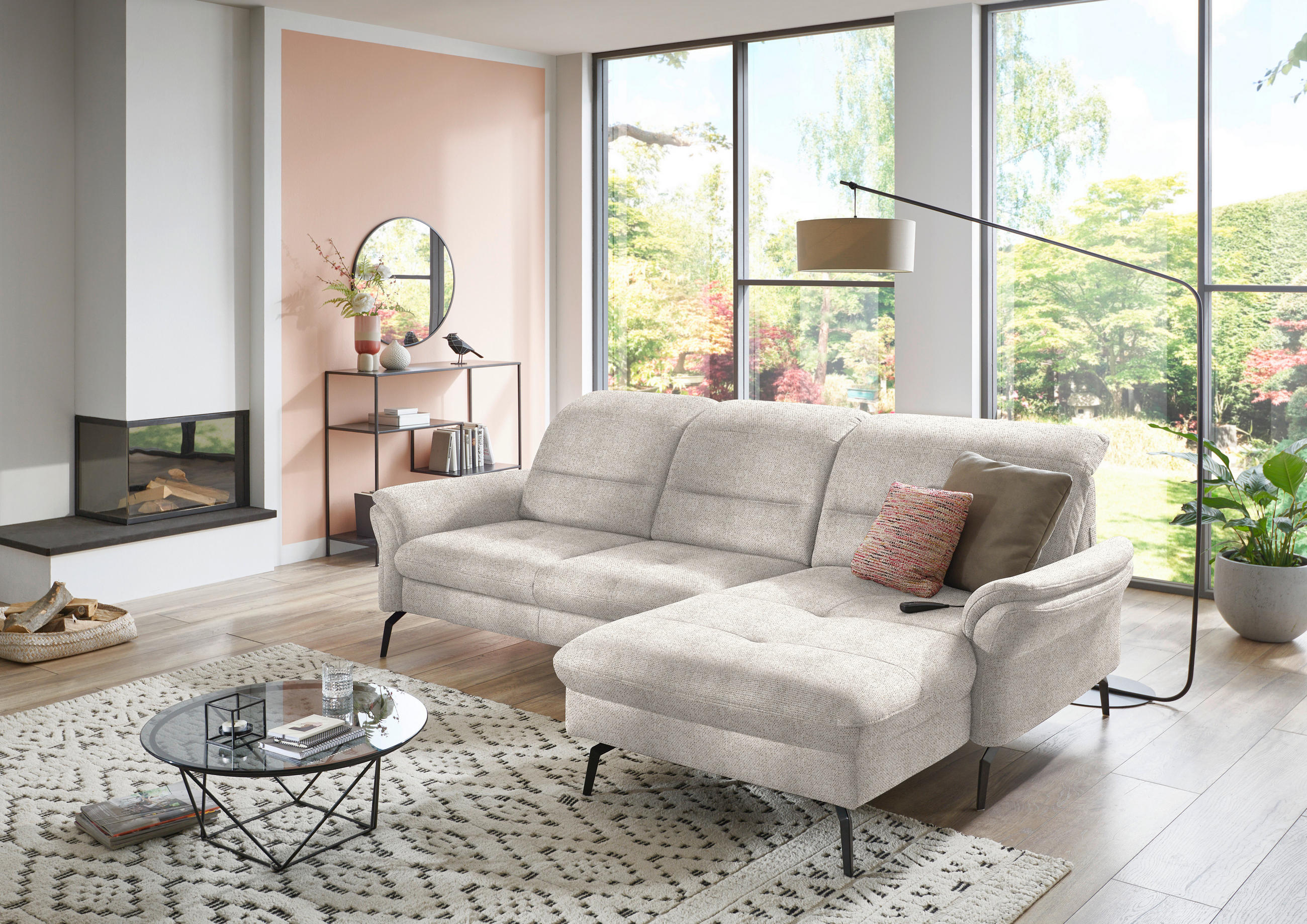 ECKSOFA in Flachgewebe Creme  - Creme/Schwarz, Konventionell, Textil/Metall (260/181cm) - Beldomo Speed