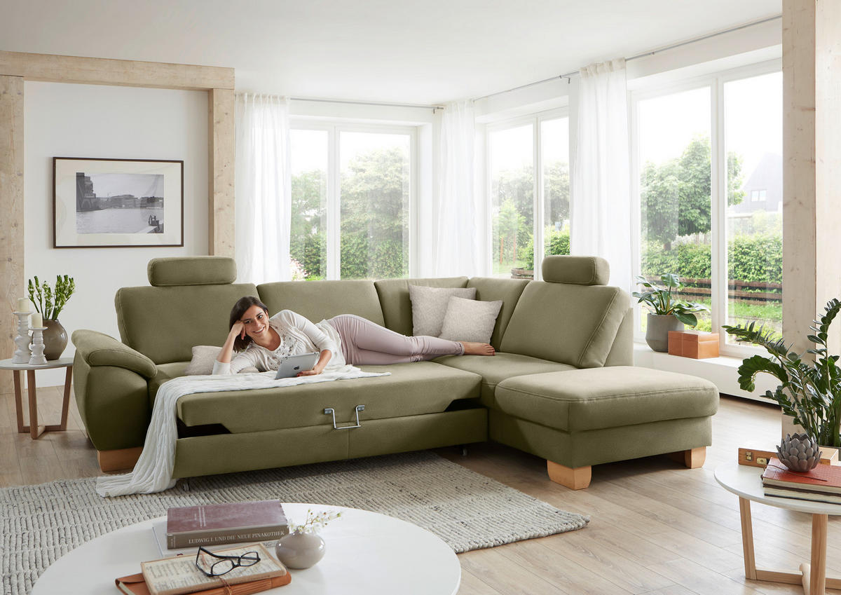 ECKSOFA in Mikrofaser Hellgrün  - Wildeiche/Beige, Natur, Holz/Textil (286/236cm) - Voleo