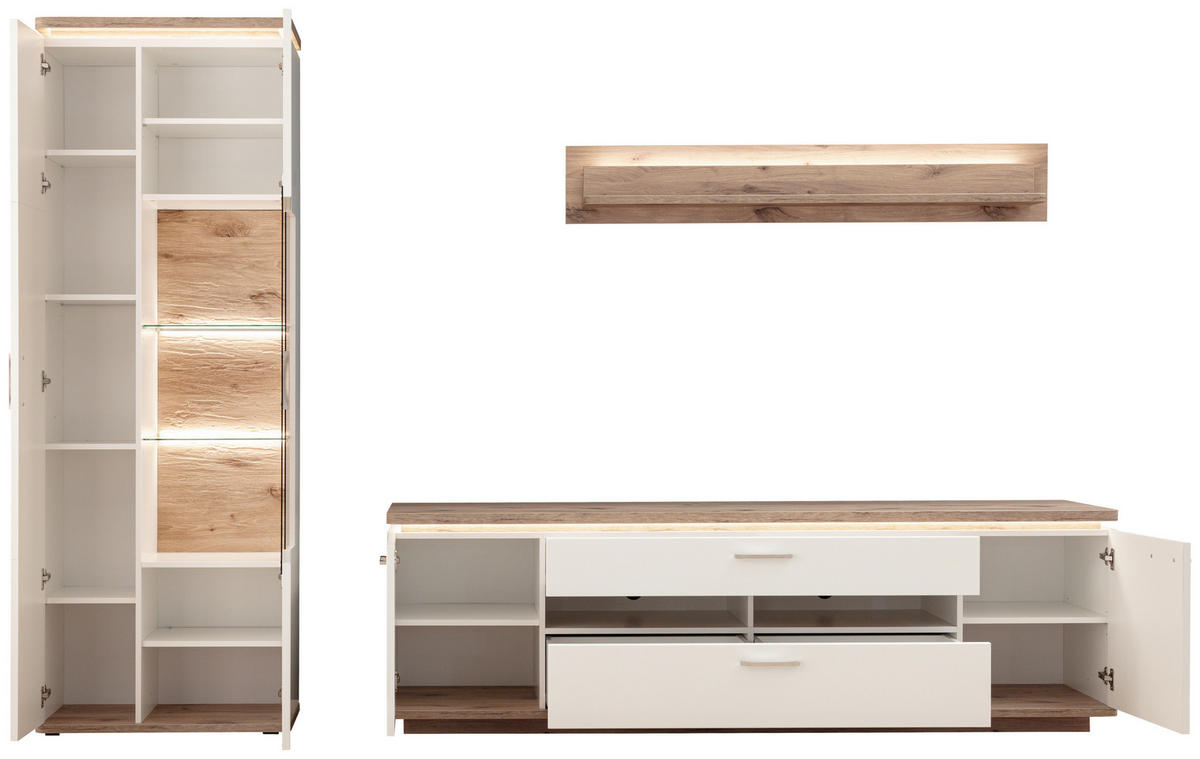 WOHNWAND 3-teilig  in Weiss, Eichefarben 295/208/50 cm  - Weiss/Eichefarben, Design, Glas/Holzwerkstoff (295/208/50cm) - Livetastic