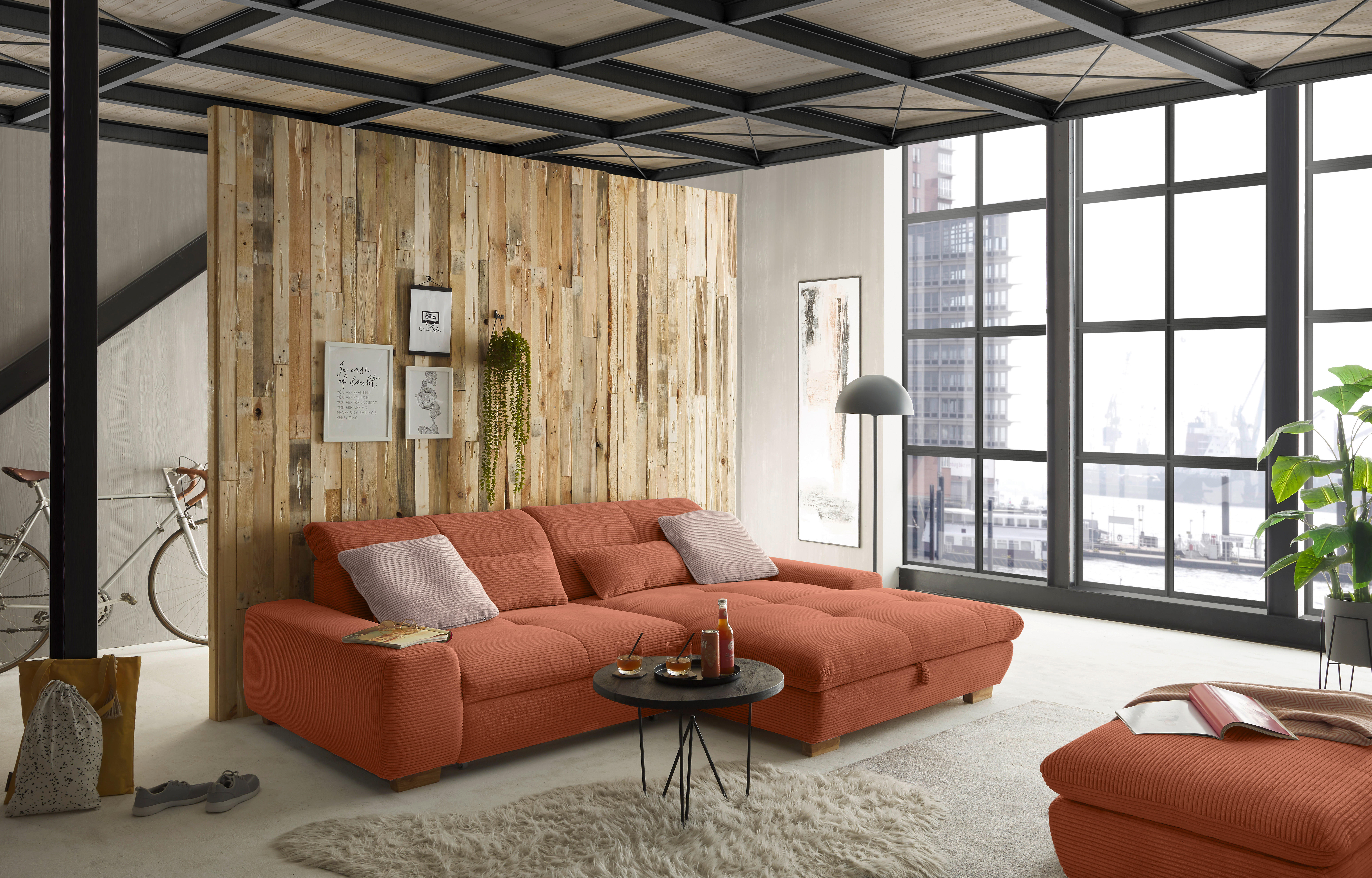 ECKSOFA Orange Cord  - Eichefarben/Orange, Design, Holz/Textil (276/198cm) - SetOne by Musterring