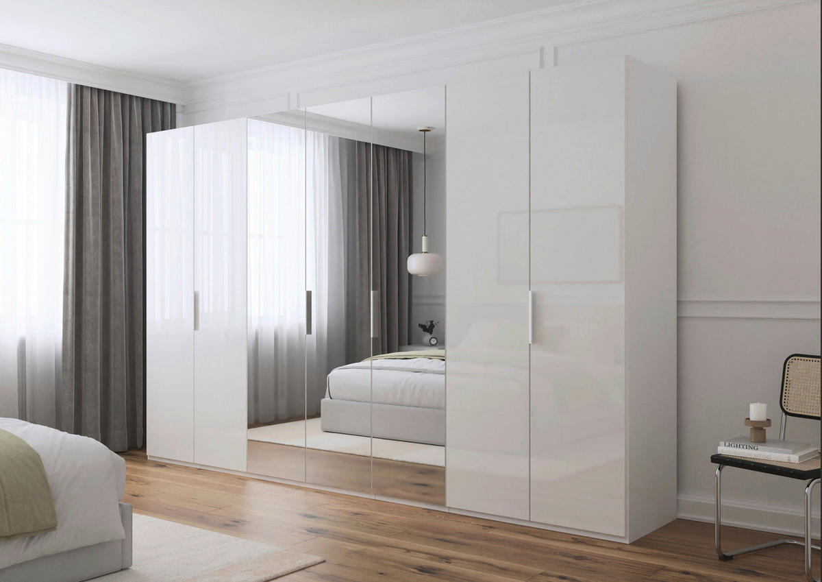 DREHTÜRENSCHRANK 350/235/61 cm,  in Weiß, 7-türig  - Weiß, Basics, Glas/Holzwerkstoff (350/235/61cm) - Novel