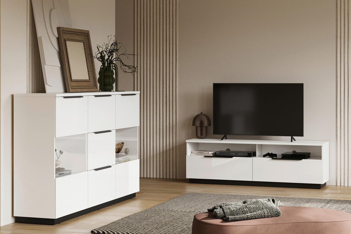 HIGHBOARD Tuluza 180/109,2/40,5 cm 3 Schublade(n)  - Weiss Hochglanz/Weiss, Design, Glas/Holzwerkstoff (180/109,2/40,5cm) - MID.YOU