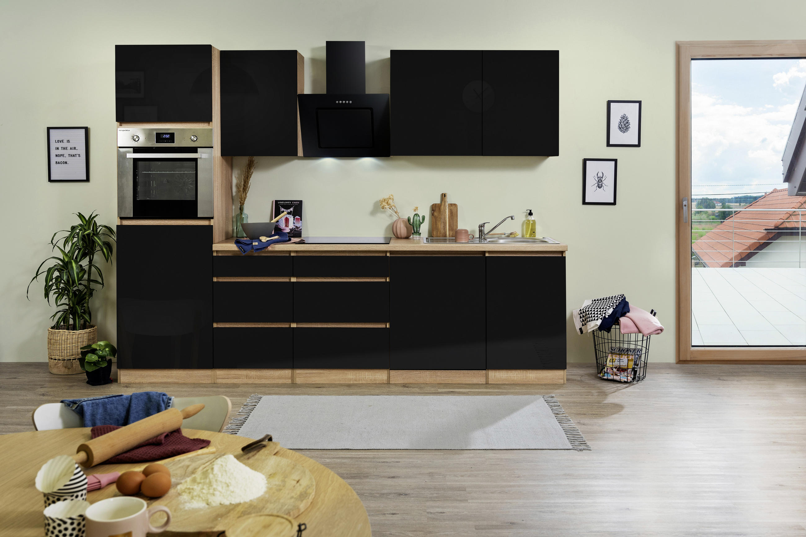 KÜCHENBLOCK 280 cm   in Eichefarben  - Eichefarben/Schwarz, MODERN, Holzwerkstoff (280cm) - Respekta