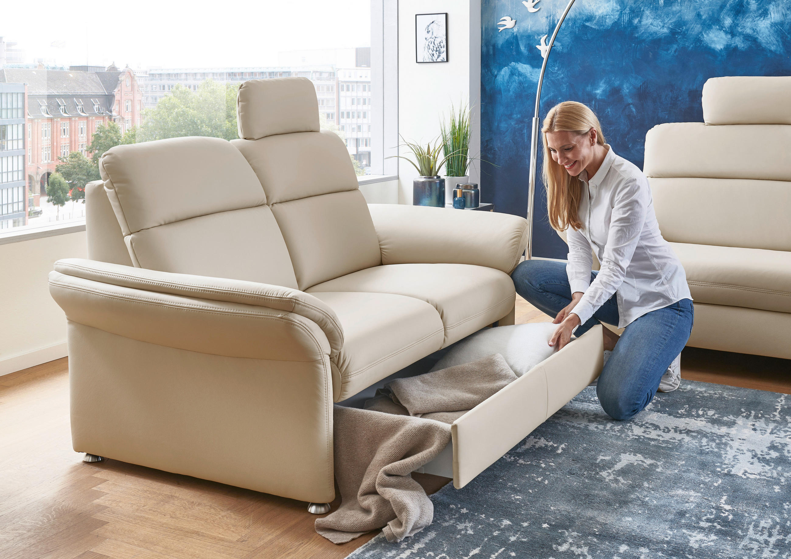 2-SITS SOFFA i äkta läder cremefärgad  - aluminiumfärg/cremefärgad, Klassisk, metall/läder (170/96/92cm) - Beldomo Premium