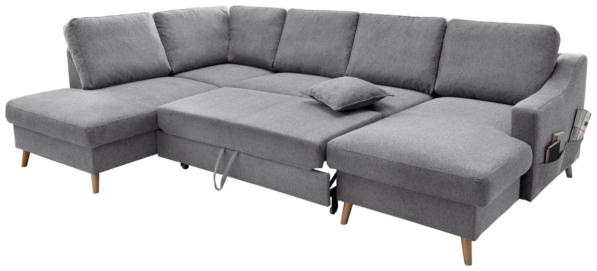 WOHNLANDSCHAFT Dunkelgrau Chenille  - Dunkelgrau/Naturfarben, KONVENTIONELL, Holz/Textil (200/301/150cm) - Livetastic