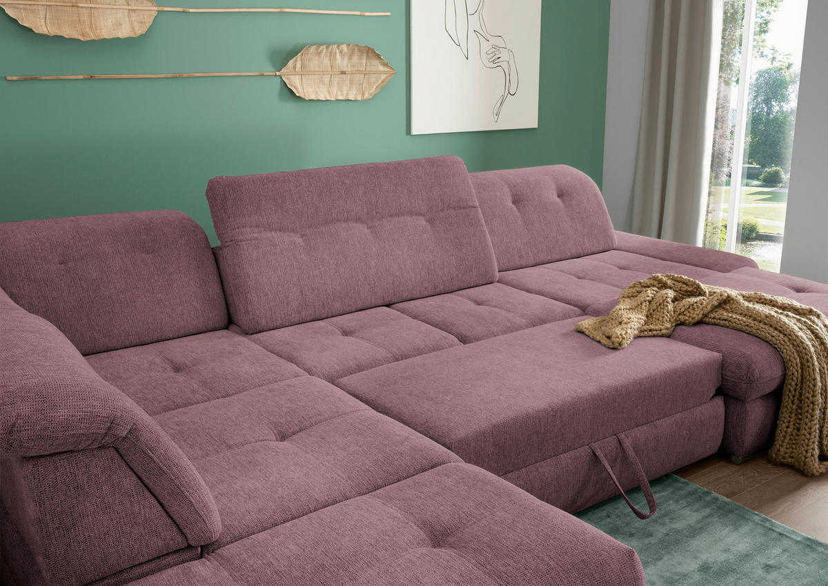 WOHNLANDSCHAFT Brombeere Chenille  - Chromfarben/Brombeere, Design, Textil/Metall (254/376/195cm) - Livetastic