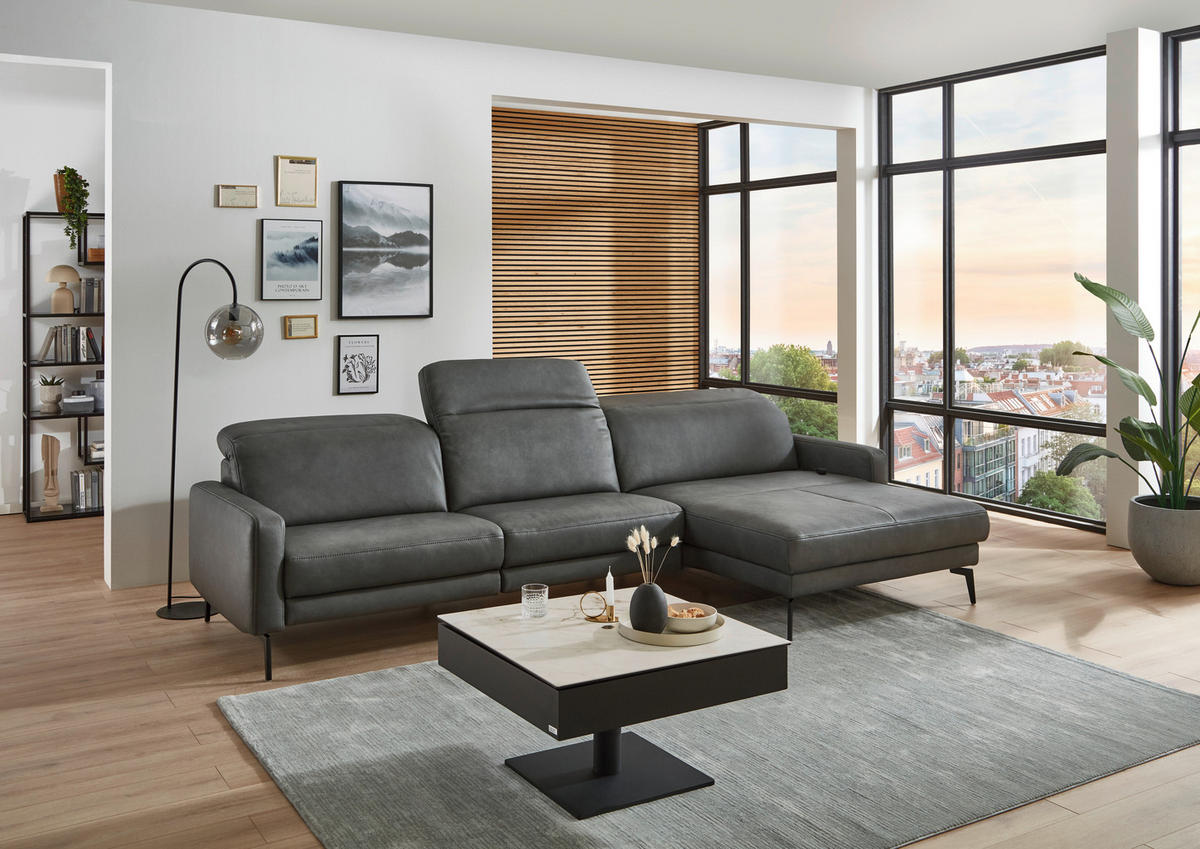 ECKSOFA  in Echtleder Anthrazit  323/179 cm  - Anthrazit/Schwarz, Design, Leder/Metall (323/179cm) - Dieter Knoll