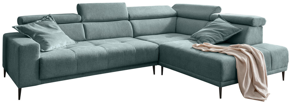 ECKSOFA INTERA Mintgrün Chenille Kopfteilverstellung, Sitzvorzug  - Schwarz/Mintgrün, KONVENTIONELL, Textil/Metall (305/225cm) - Livetastic