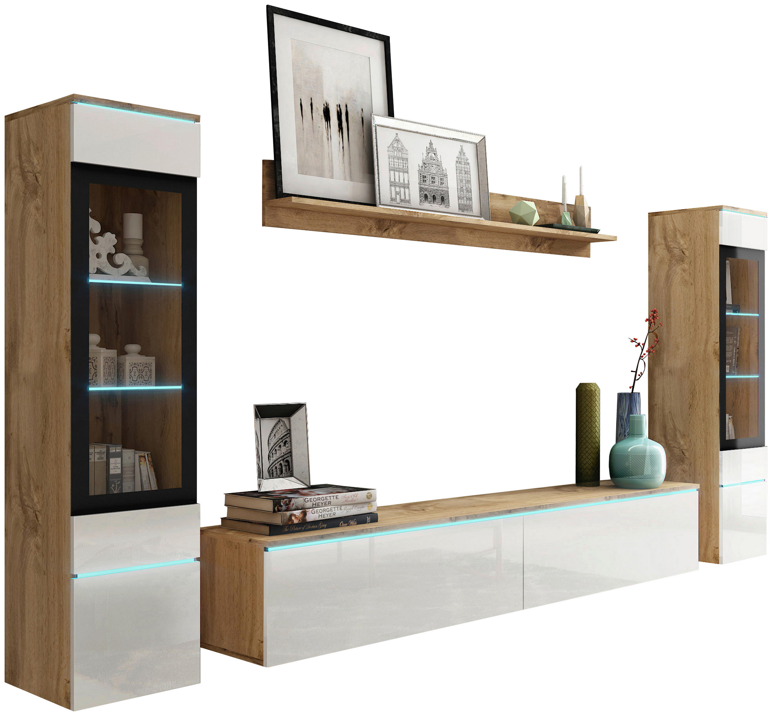 Set Mobilă Living, 4 piese, stejar Wotan, alb lucios intens, 240/130/33 cm