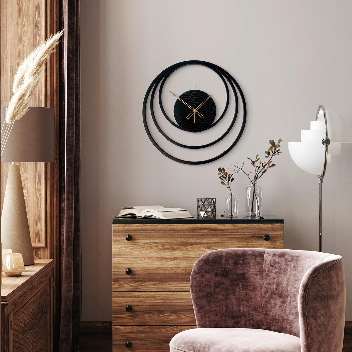 WANDUHR - Schwarz, Goldfarben  - Goldfarben/Schwarz, Basics, Holz/Kunststoff (57cm)