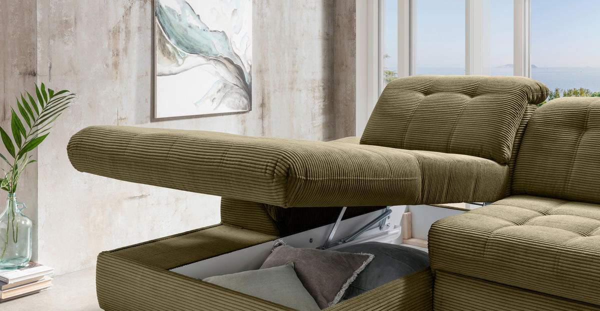 ECKSCHLAFSOFA in Cord Olivgrün  - Schwarz/Olivgrün, Modern, Textil/Metall (189/273cm) - Livetastic